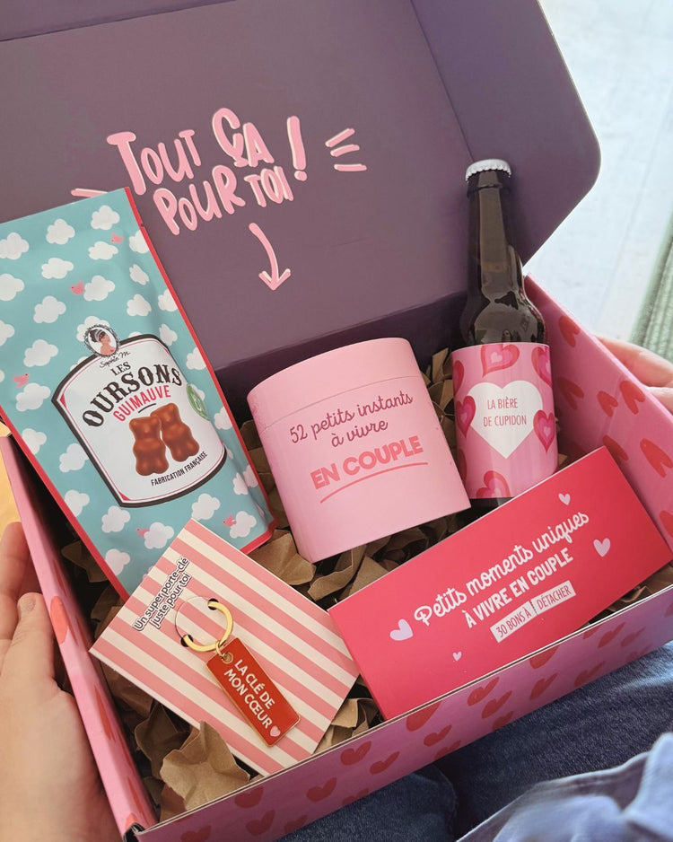Coffret Amour avec ourson en chocolat et chèque amoureux