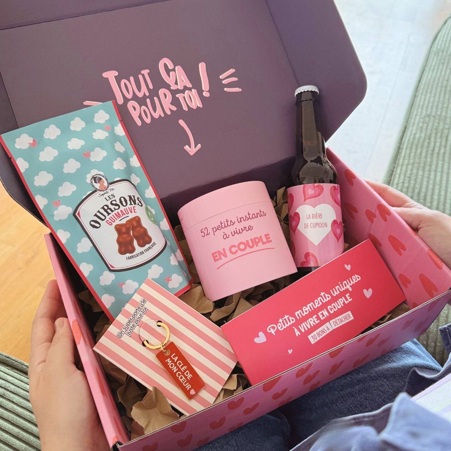 Coffret Amour avec ourson en chocolat et chèque amoureux