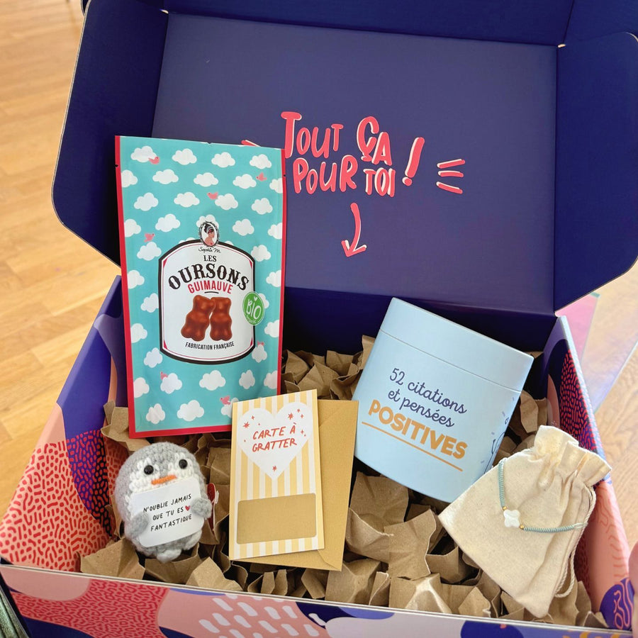 Coffret remonte moral avec chocolats et messages inspirants