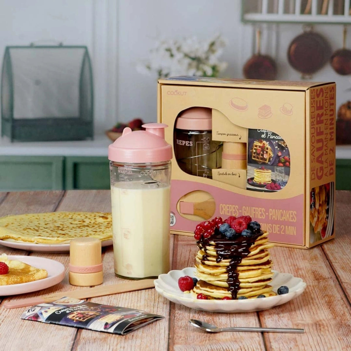 Coffret shaker avec repères pour crêpes et pancakes, vue de dessus