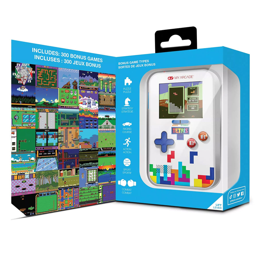 Console de poche Tetris vue de côté avec écran rétro