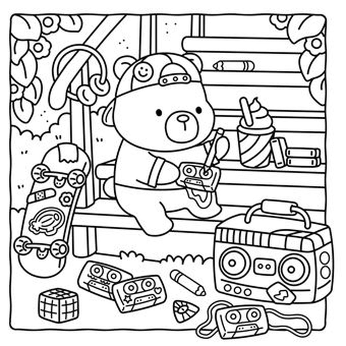 Livre de coloriage sur fond blanc, motifs des années 90