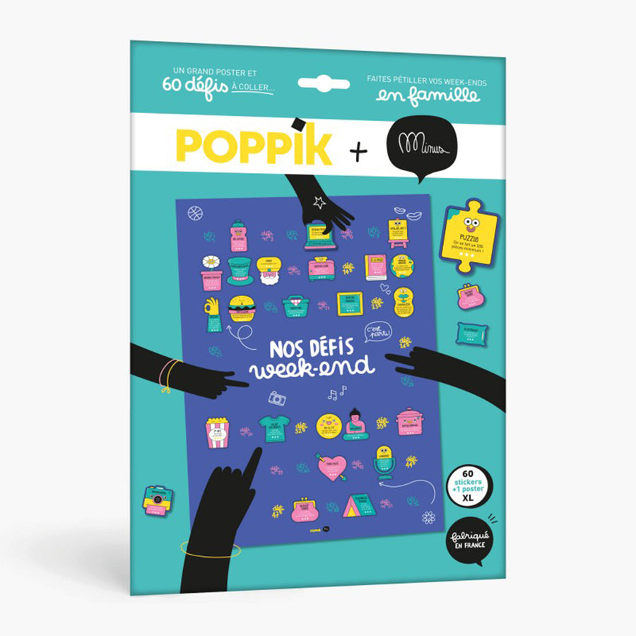 Poster à stickers coloré avec défis pour enfants, design ludique.