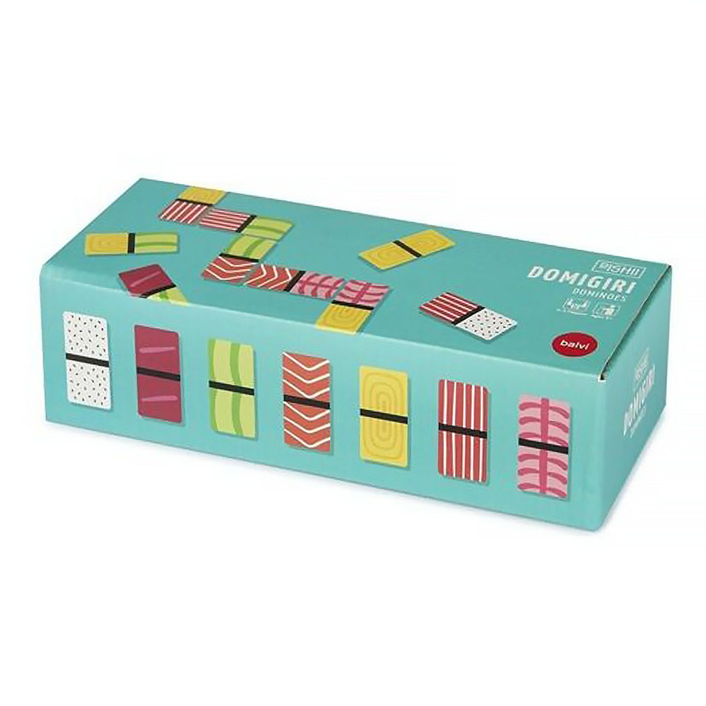 Jeu de dominos en forme de sushis colorés sur fond clair.