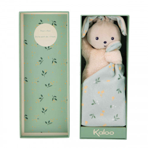 Doudou lapin avec grandes oreilles et motifs feuillus