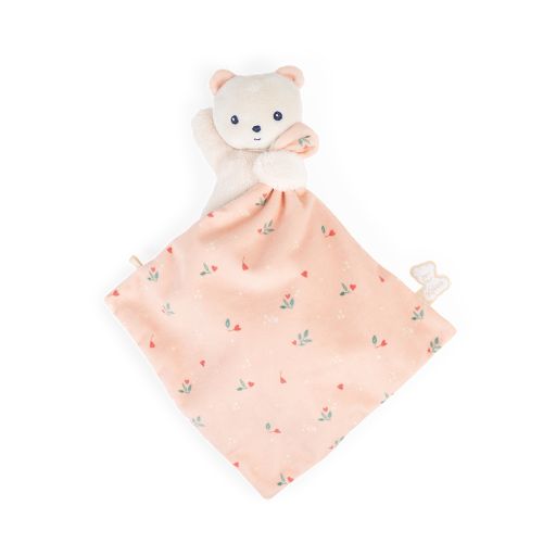 Doudou ourson avec motifs de feuilles, doux et apaisant.
