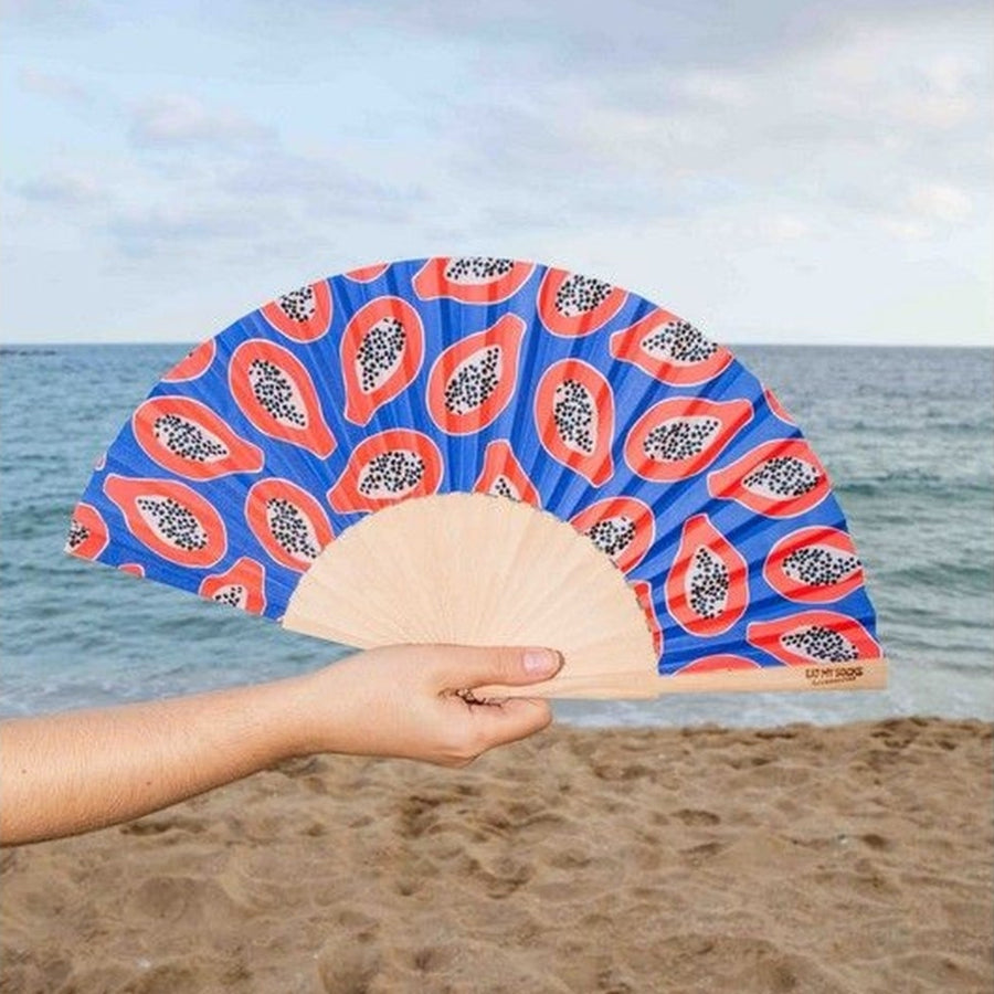 Éventail Papaye ouvert, motif tropical vibrant en détail