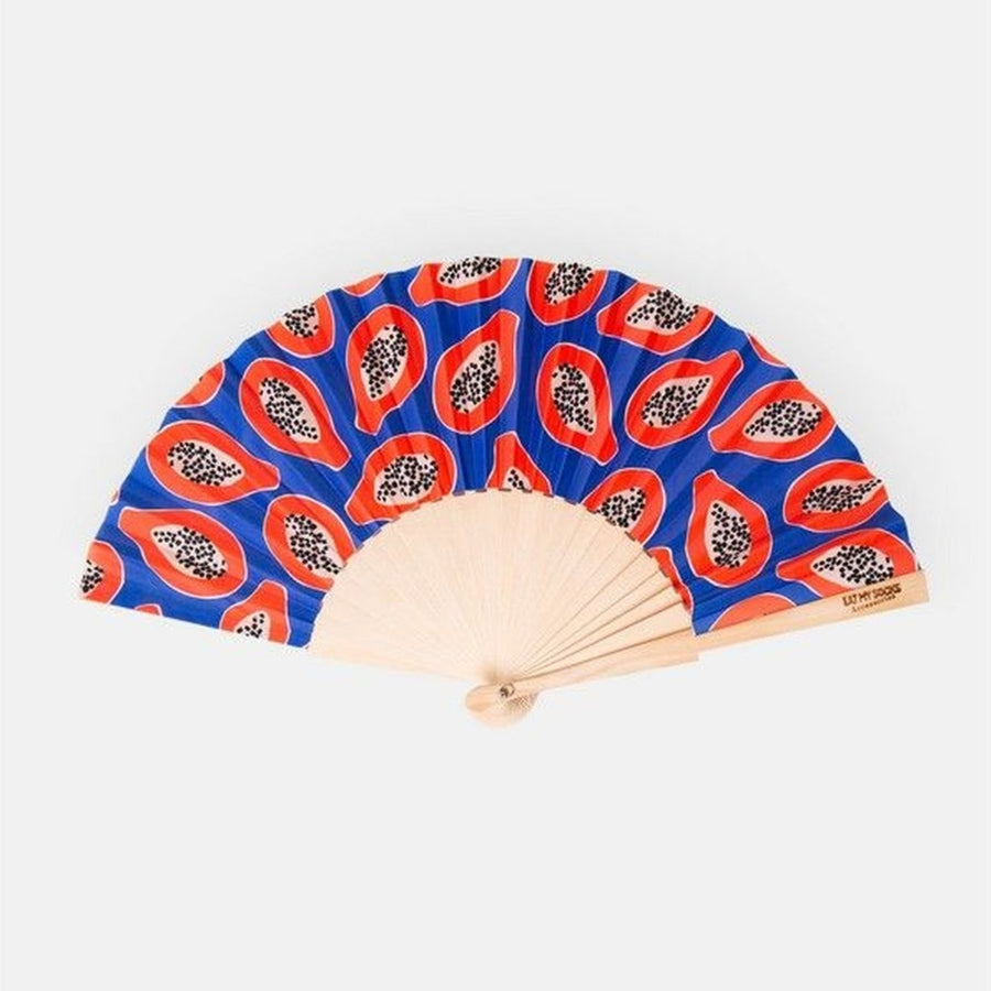 Éventail Papaye ouvert, motif tropical vibrant et texture légère