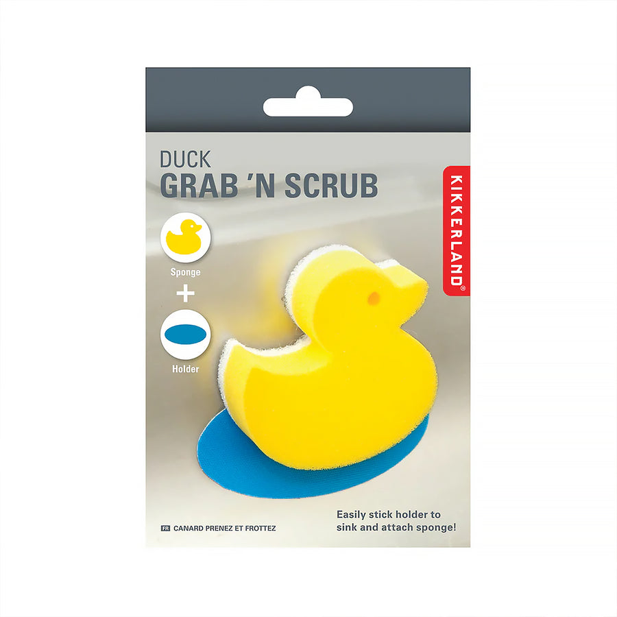 Éponge en forme de canard avec support, vue de côté.