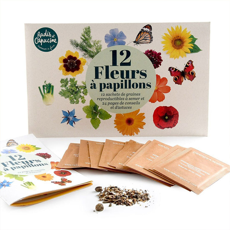 Sachets de graines de fleurs à papillon sur fond naturel