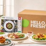 Offre HelloFresh avec des plats colorés et des ingrédients frais