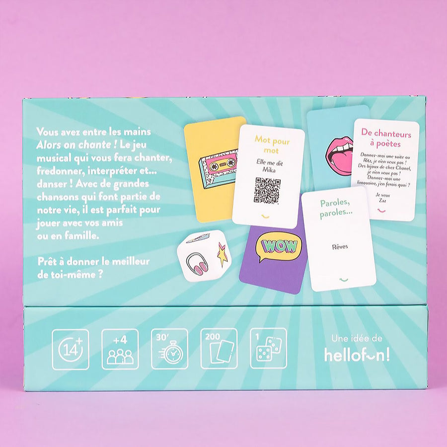 Boîte du jeu de karaoké avec des notes de musique colorées.