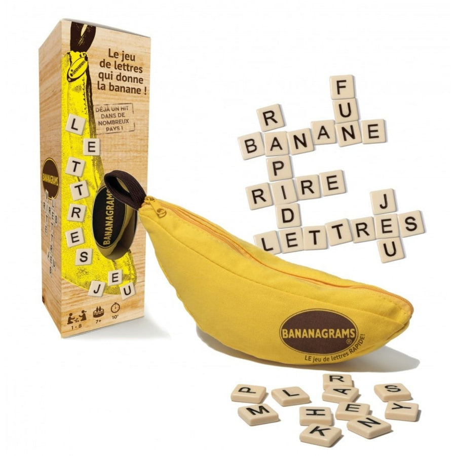 Trousse en tissu du jeu Bananagrams avec lettres colorées