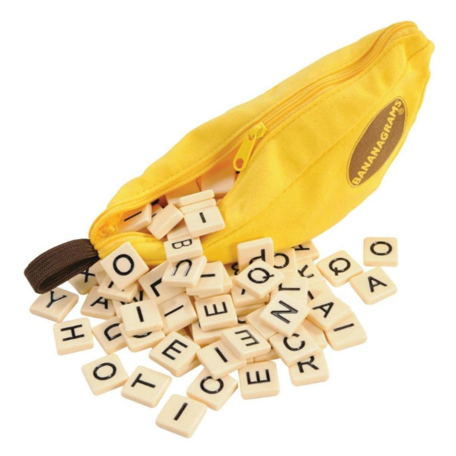 Trousse en tissu du jeu Bananagrams avec lettres colorées