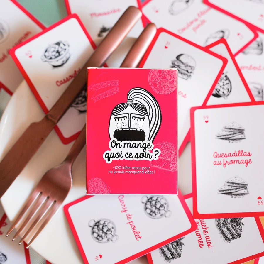 Cartes de jeu avec illustrations colorées sur le thème du dîner.