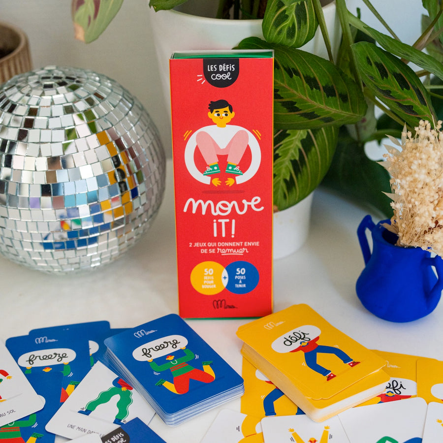 Cartes colorées du jeu Move it avec illustrations ludiques