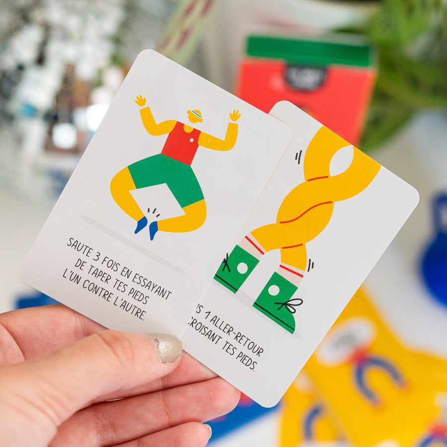 Cartes de jeu Move it avec illustrations colorées et défis ludiques.