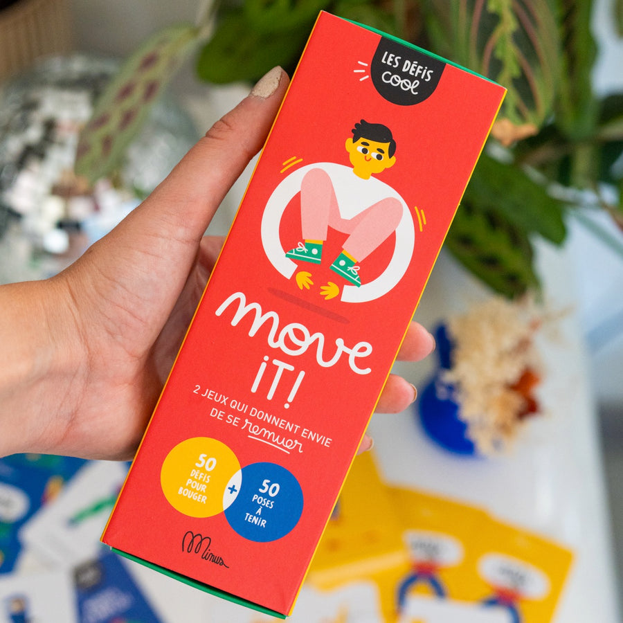 Cartes de jeu Move it avec illustrations colorées et défis ludiques.