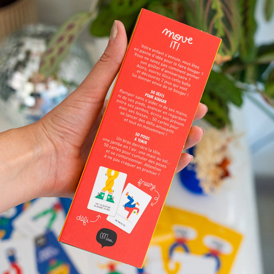 Cartes de jeu Move it avec illustrations colorées et défis ludiques.