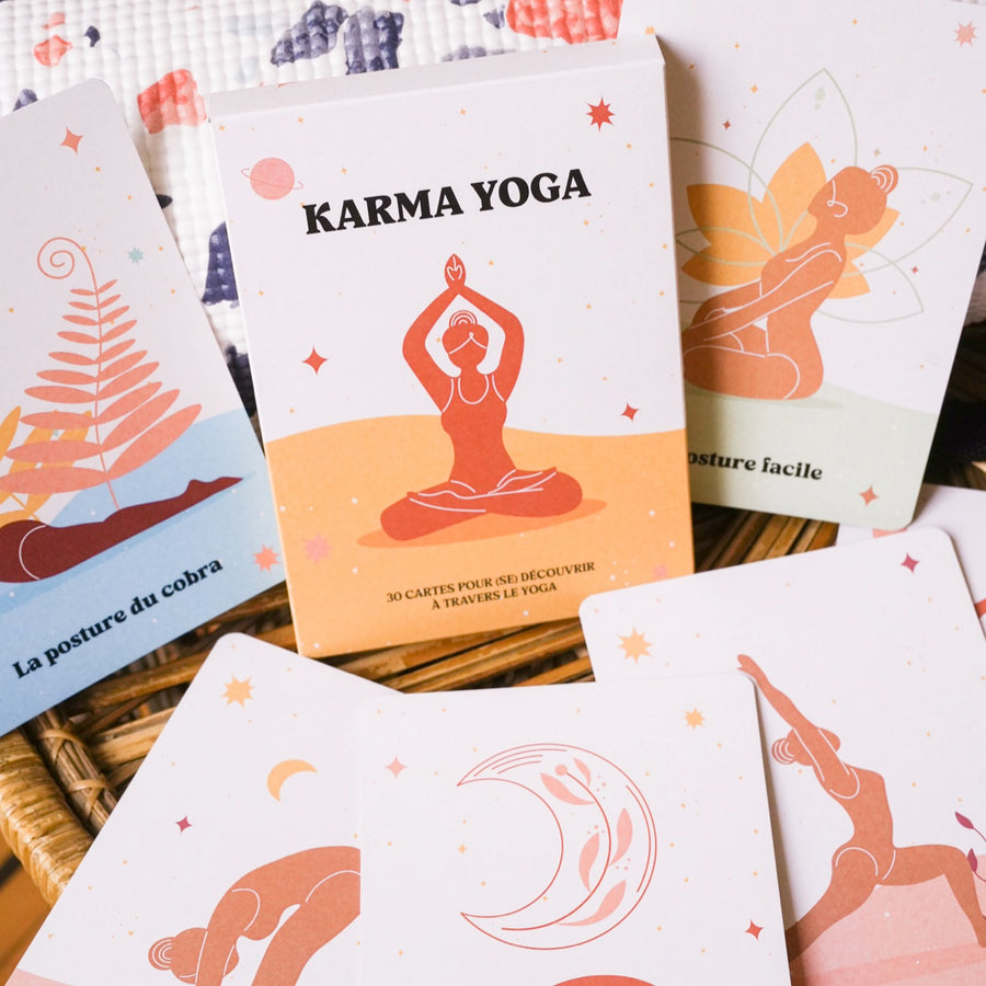 Cartes de yoga avec illustrations colorées et texte explicatif.