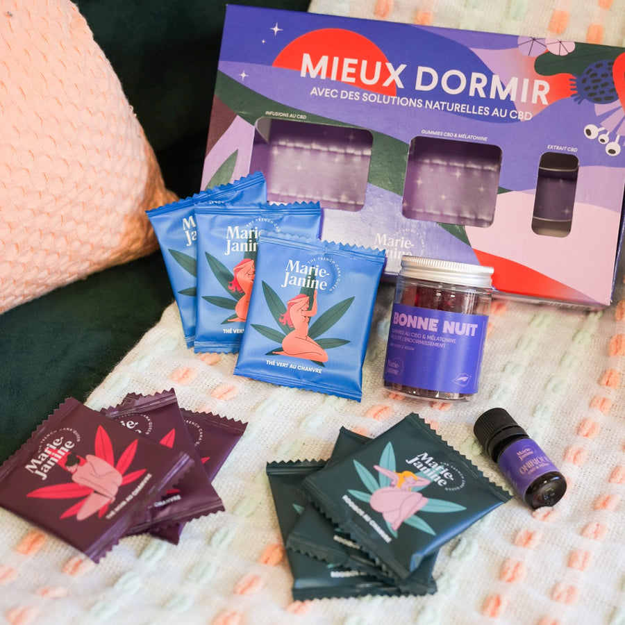 Coffret CBD Mieux Dormir avec bonbons relaxants en gros plan