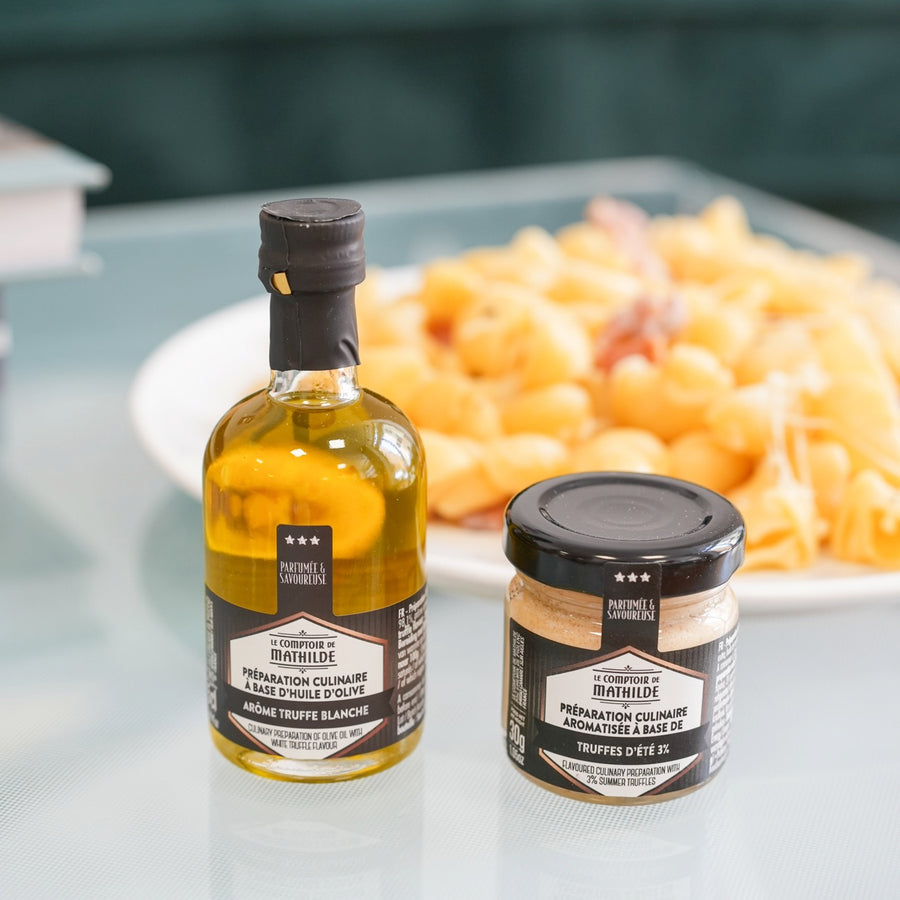 Kit DIY Pâtes à la Truffe avec ingrédients en vue rapprochée.