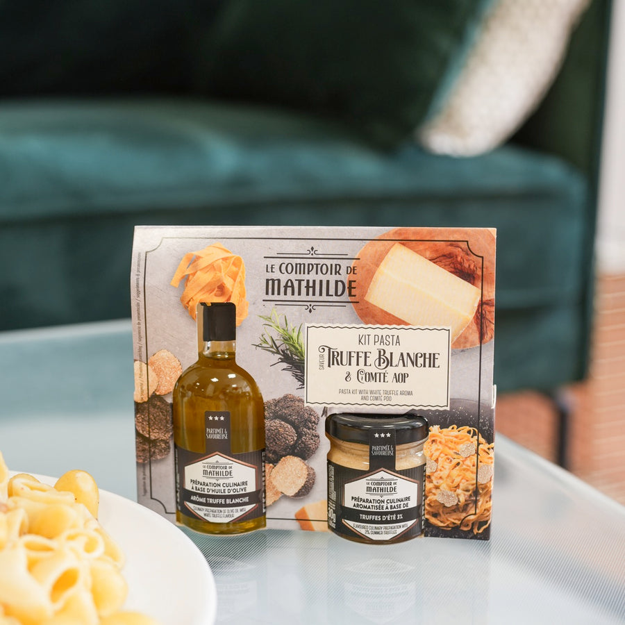 Kit DIY Pâtes à la Truffe avec ingrédients en vue rapprochée.