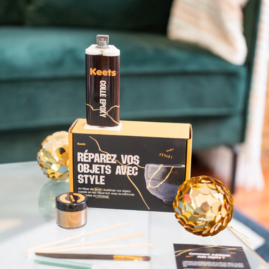 Kit Kintsugi avec poudre dorée et outils de réparation