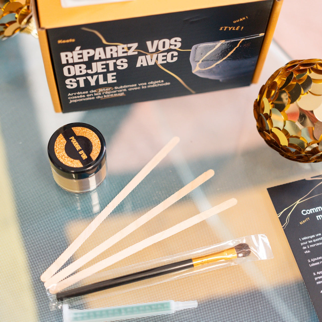 Kit kintsugi pour réparer les objets avec une poudre dorée - Mieux que des fleurs