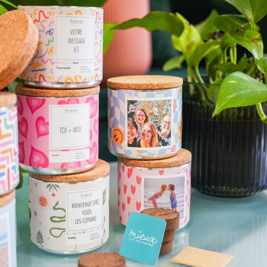 Kit à planter avec photo personnalisée et graines variées.