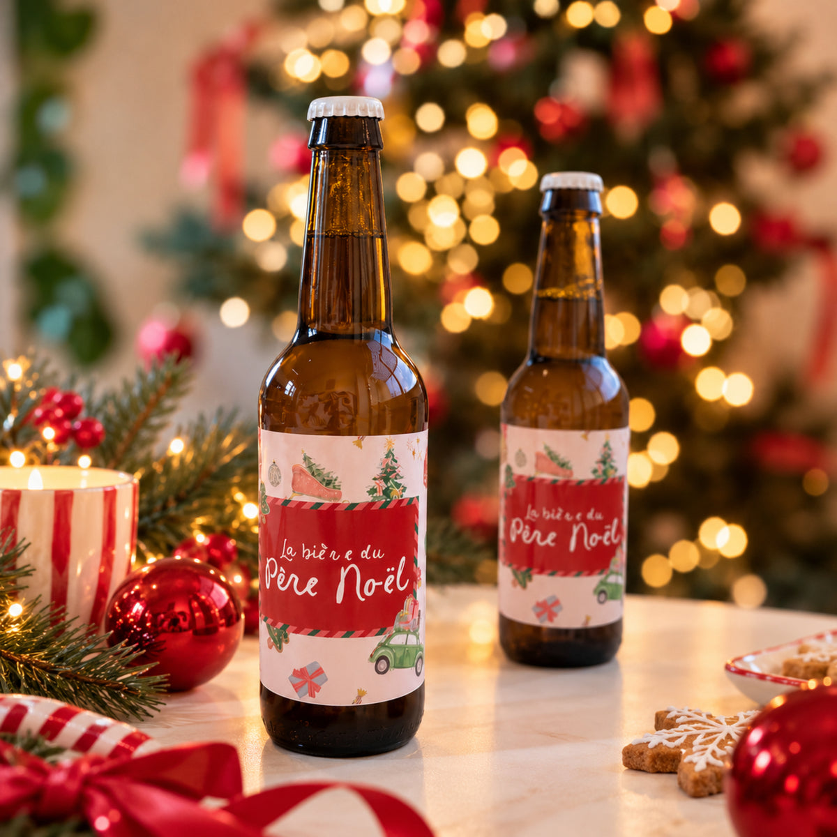 Deux bouteilles de bière aux étiquettes illustrées de Noël, près du sapin