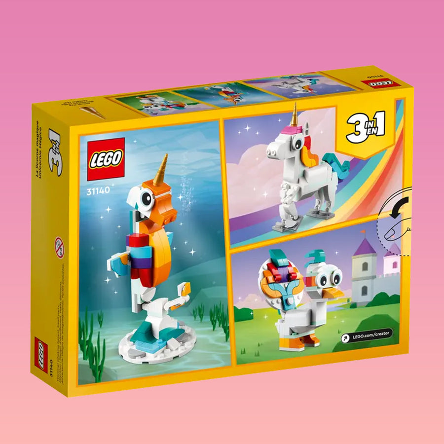 Licorne Lego vue de côté avec détails colorés et brillants.