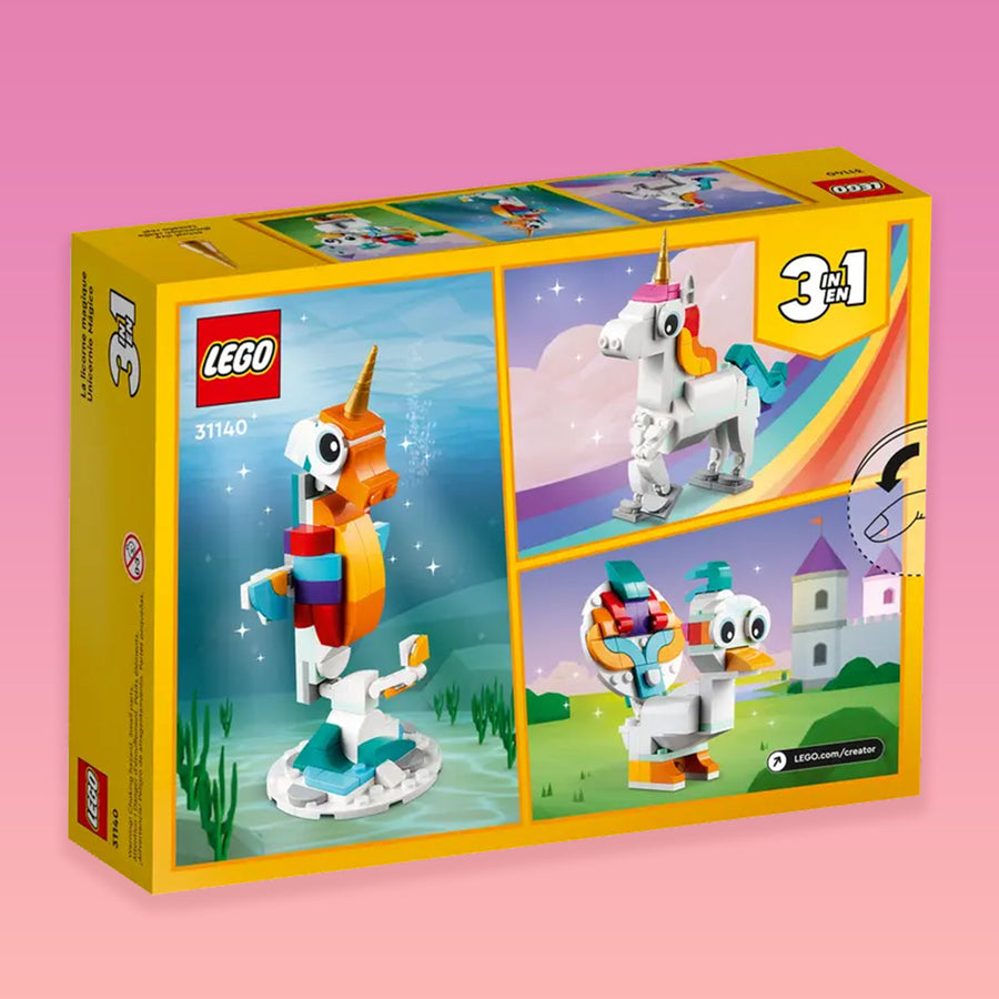 Licorne Lego vue de côté avec détails colorés et brillants.