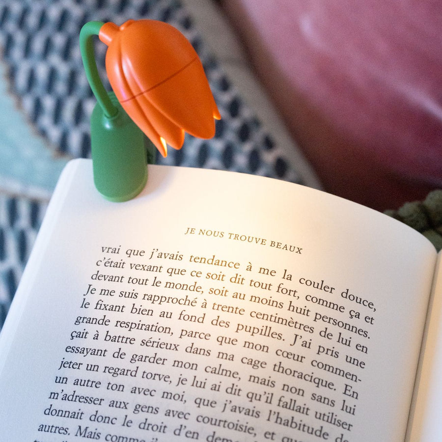 Liseuse tulipe posée sur un livre ouvert, éclairage doux.