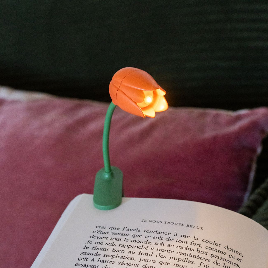 Liseuse tulipe posée sur un livre ouvert, éclairage doux.