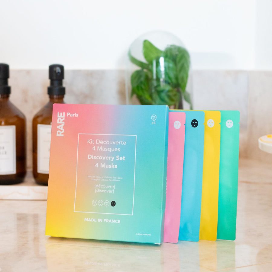 Coffret de 4 masques en tissu RARE Paris, vue de dessus.