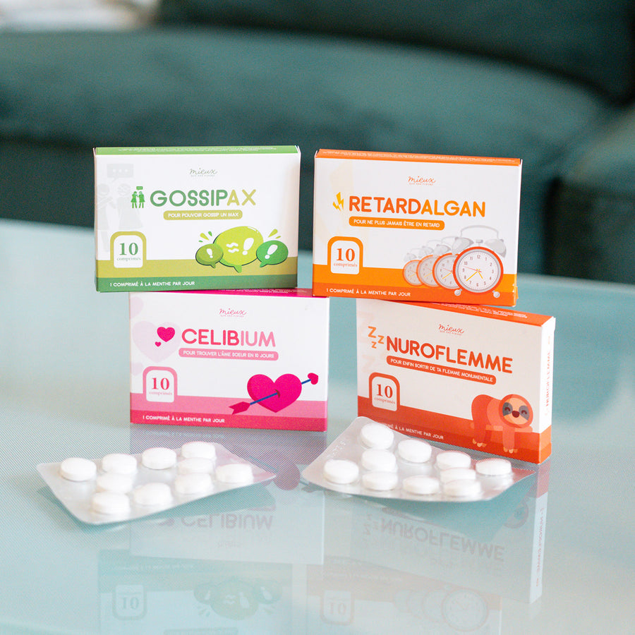 Comprimés Nuroflemme avec un design humoristique coloré