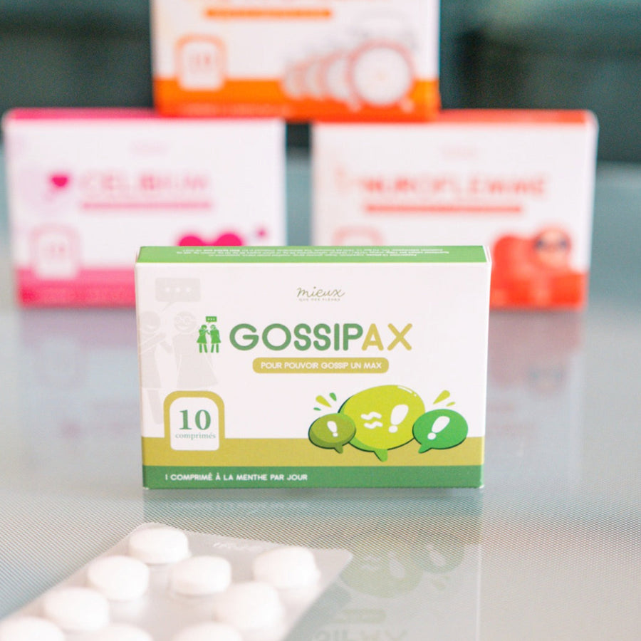 Comprimés humoristiques Gossipax avec un design coloré et ludique.