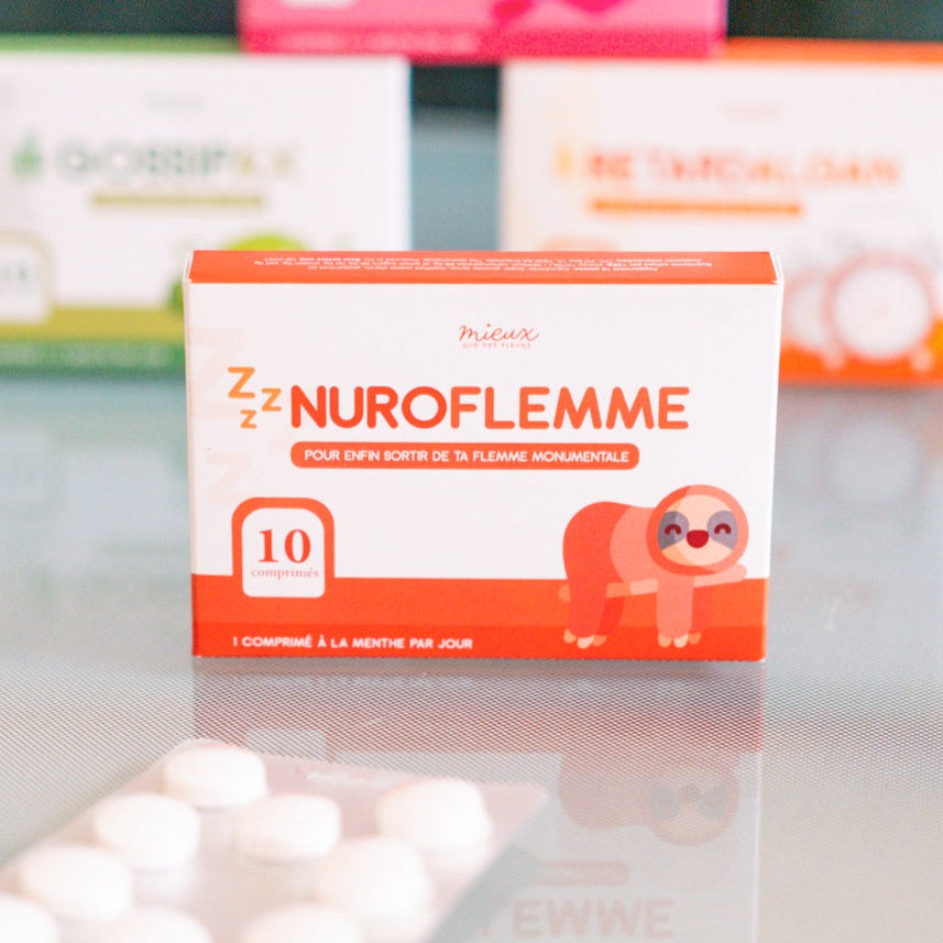 Comprimés humoristiques Nuroflemme sur fond clair, emballage coloré.