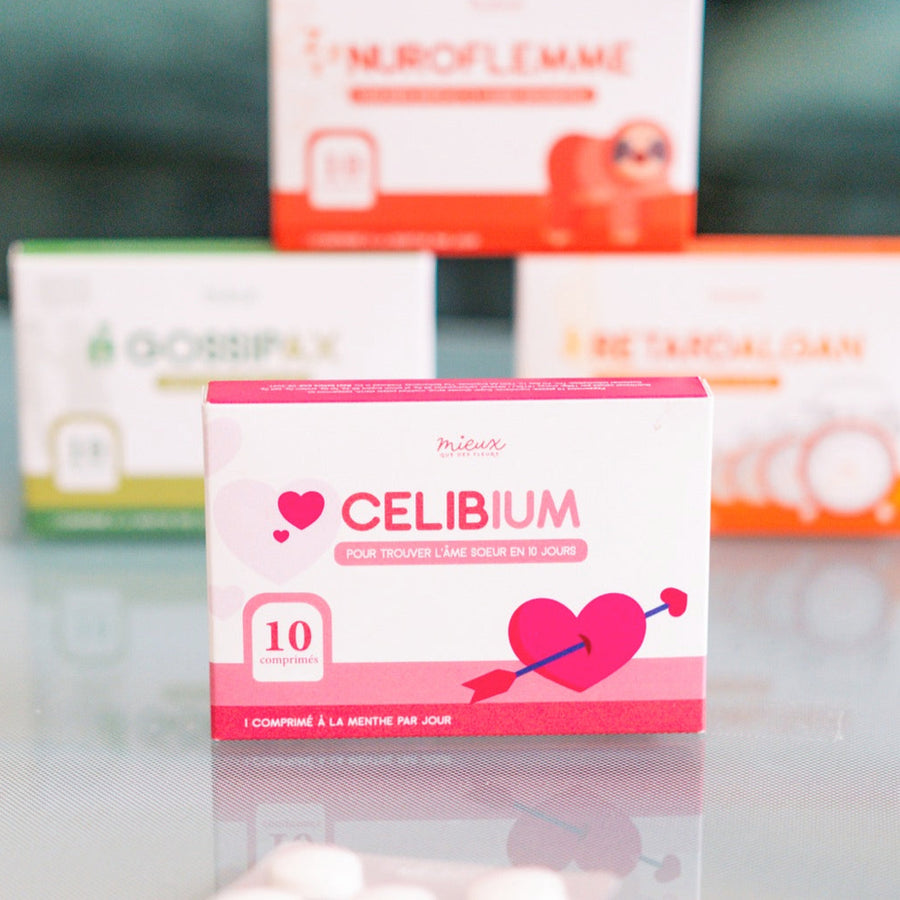 Boîte de comprimés humoristiques avec Cupidon en illustration.