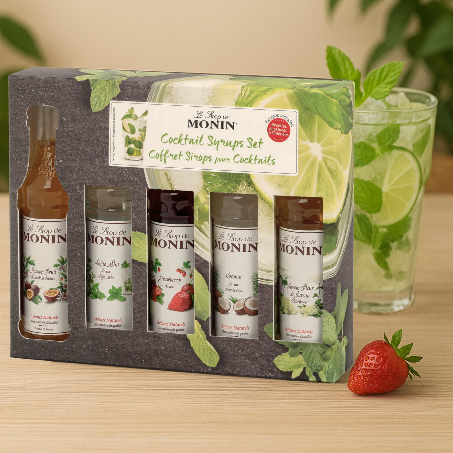 Coffret de 5 sirops pour cocktails avec étiquettes colorées