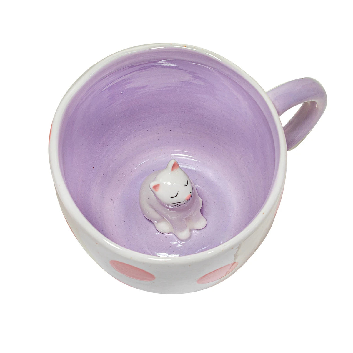 Mug rose et blanc avec un chat caché à l'intérieur