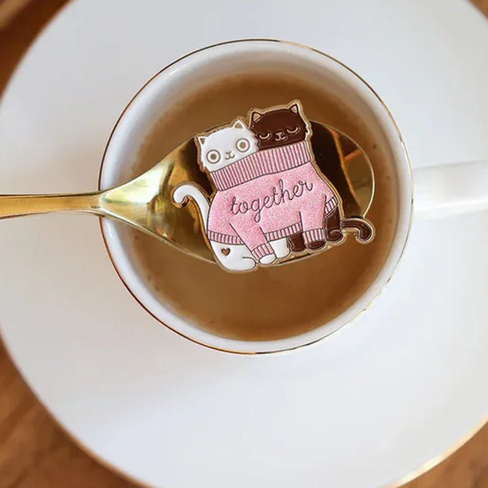 Pins représentant deux chats dans un pull, détails fins visibles