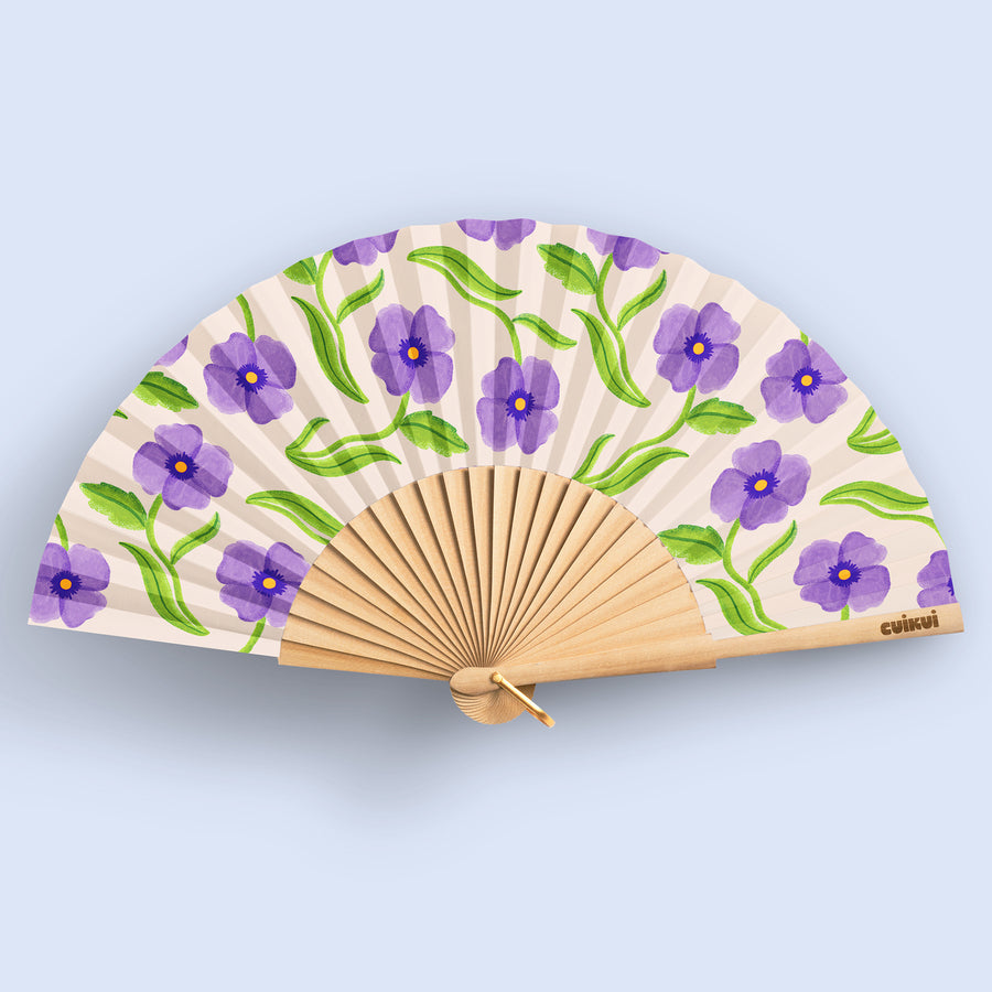 Éventail en bois clair avec motif d'anémones colorées