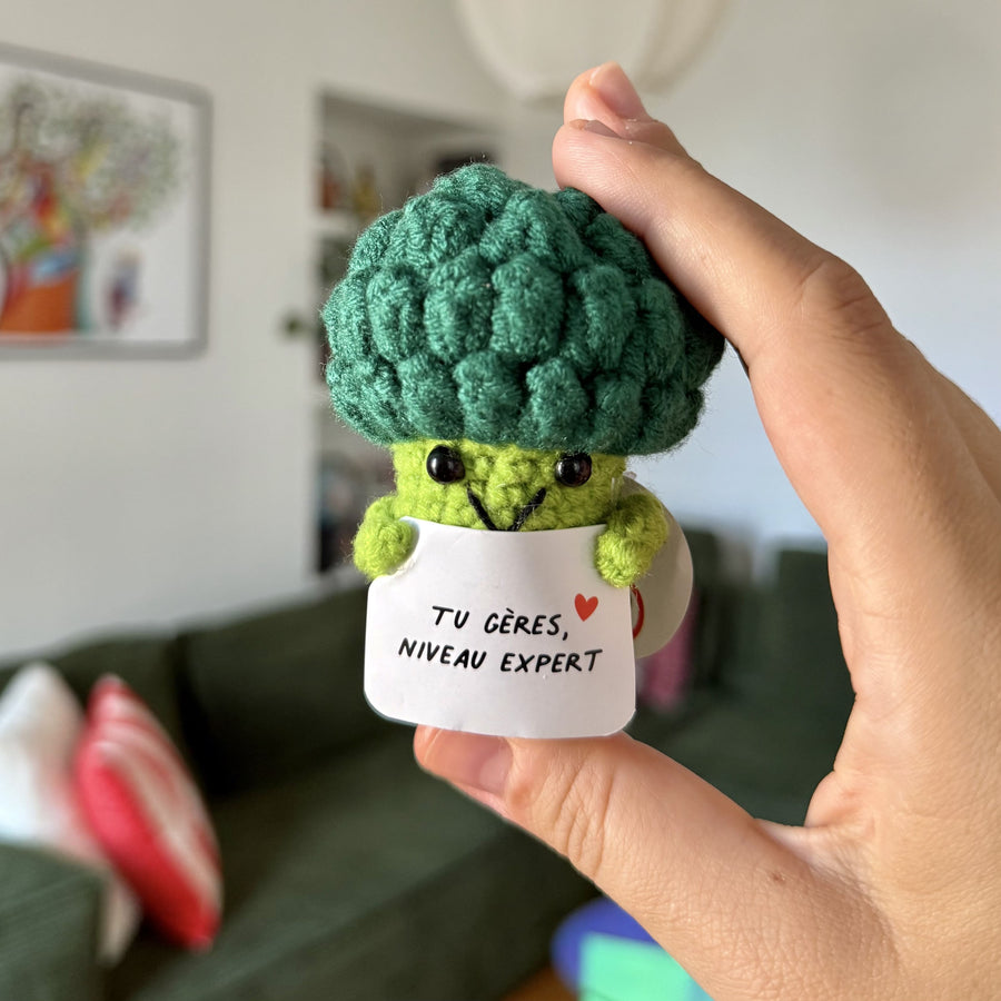 Brocoli en peluche avec message amusant sur fond clair.