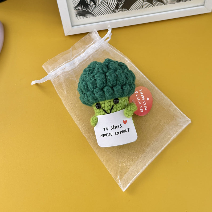 Brocoli en peluche avec message humoristique sur fond clair.
