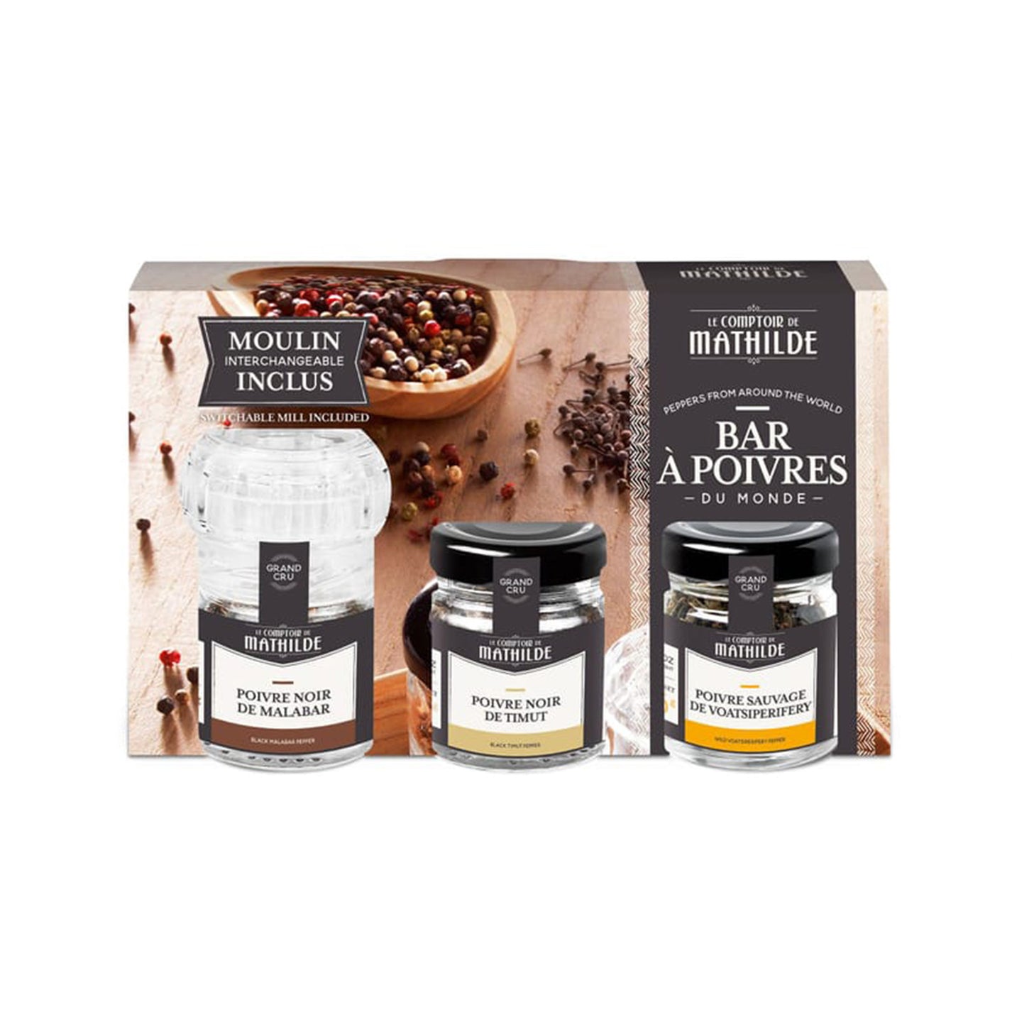 Coffret interchangeable pour sel ou poivre avec design élégant.