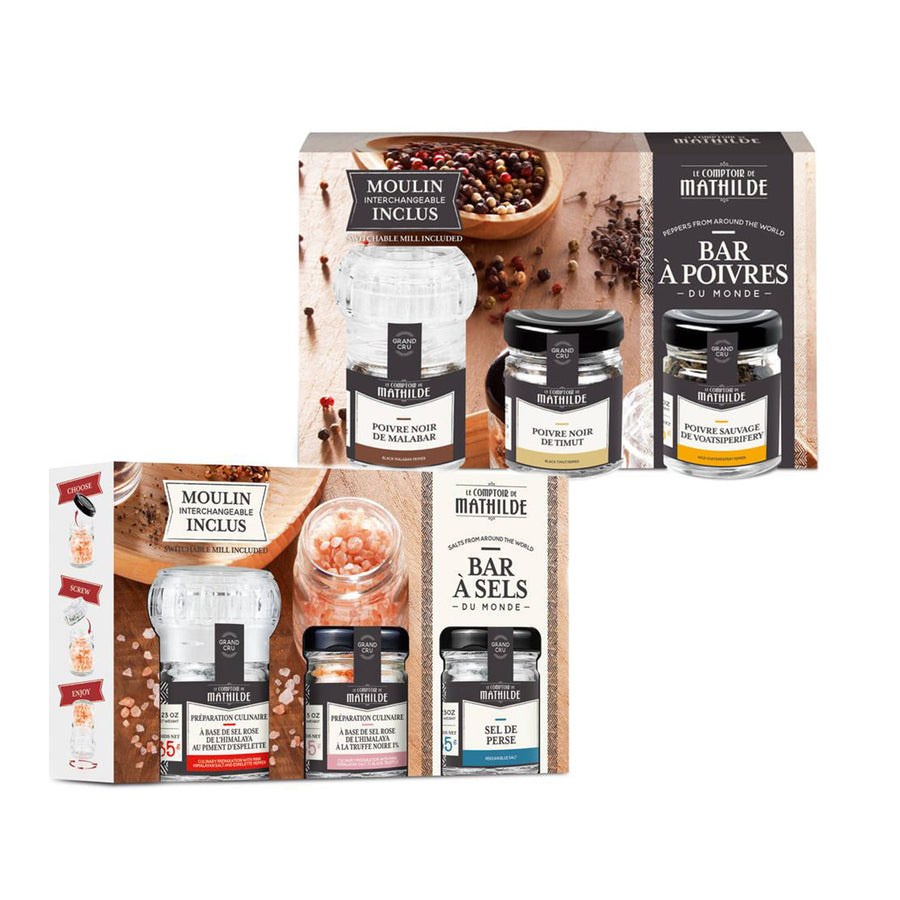 Coffret interchangeable pour sel et poivre avec design élégant.