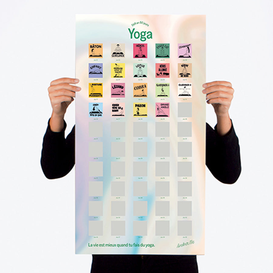 Poster à gratter yoga avec illustrations colorées et motifs variés.