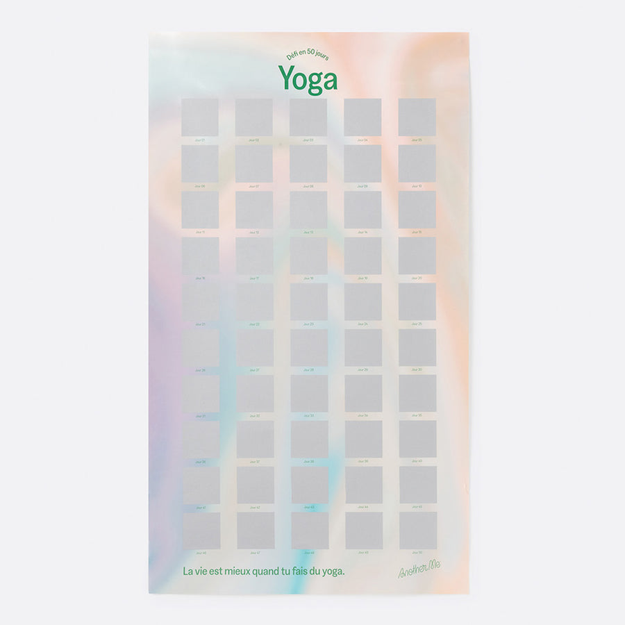 Poster à gratter yoga avec illustrations colorées et motifs variés.